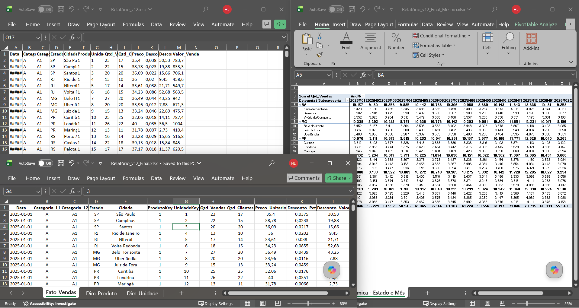 Várias planilhas de Excel abertas ao mesmo tempo na mesma tela
